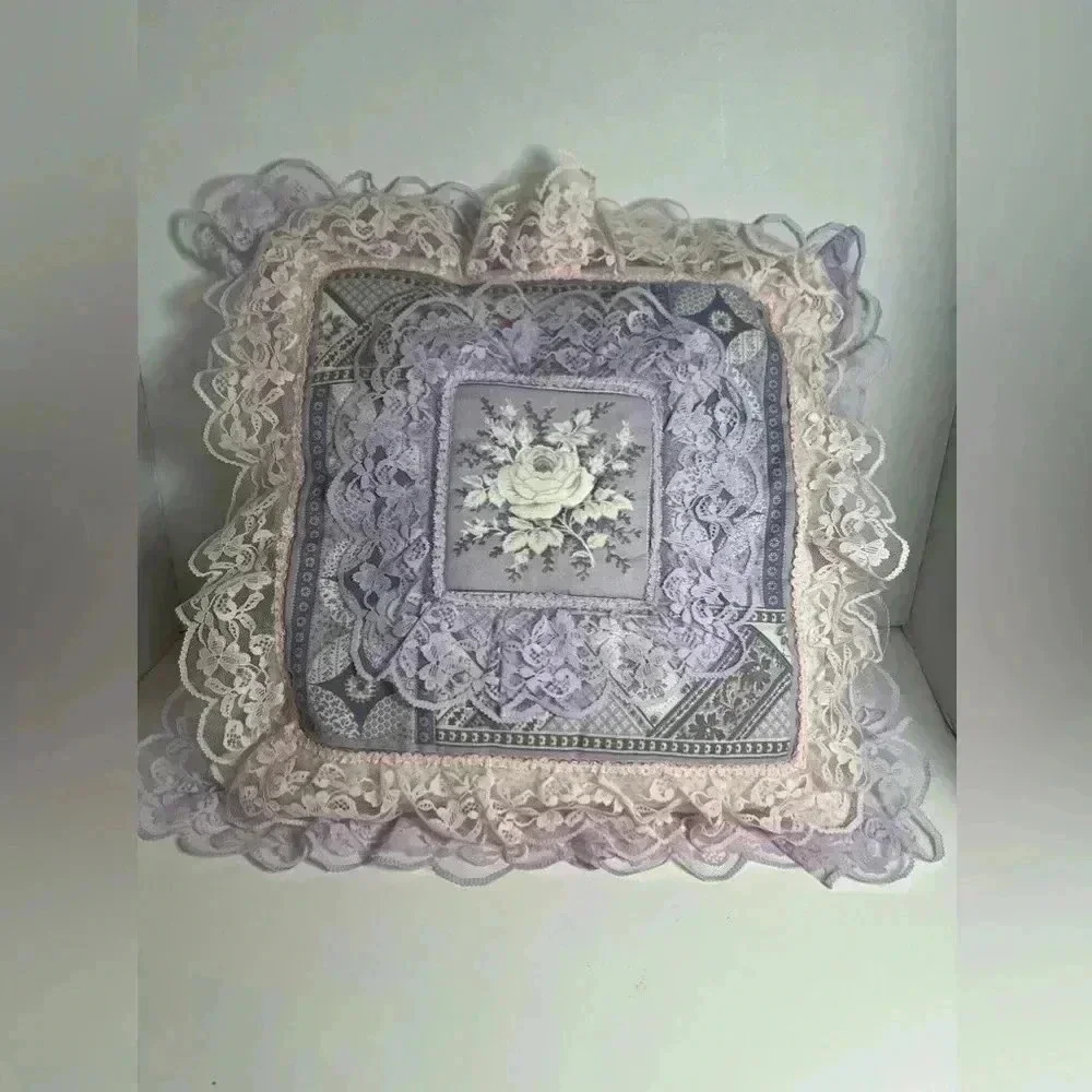 Vintage Cottage-core Lace Embroidered/ Quilted Pillow